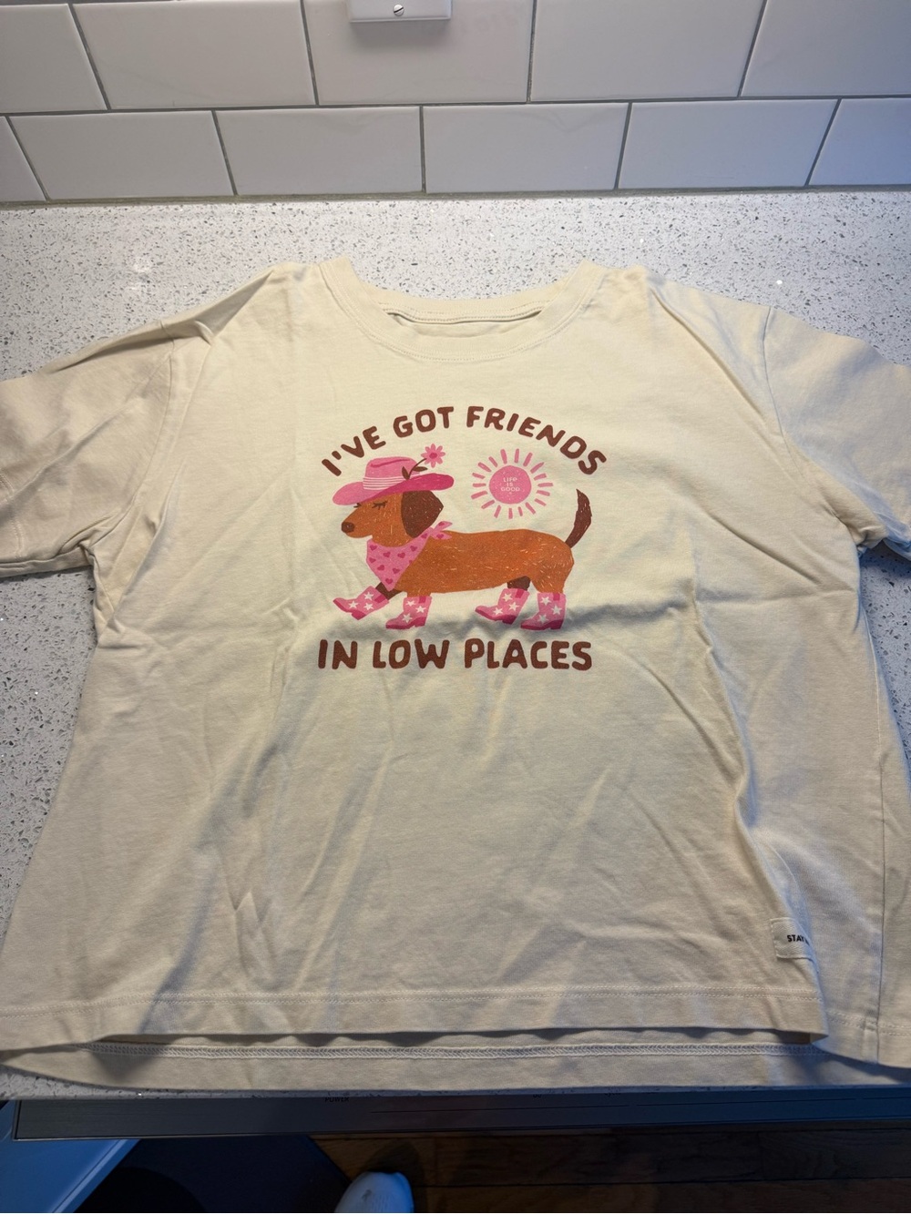 Life Is Good Cream Tee with Pink Dachshund Graphic Size Medium